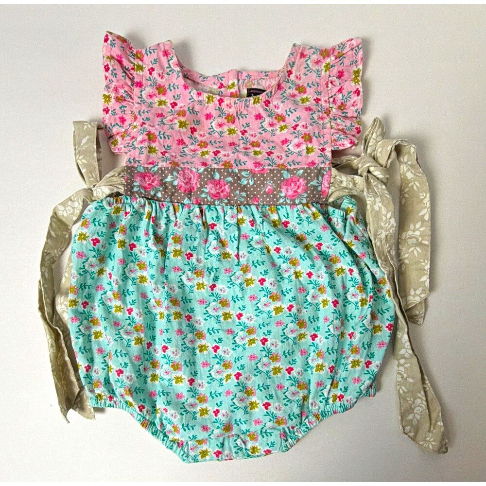 Mustard Pie Girls NB Rustic Peony Floral Romper Pink Cotton Woven Ruffle Snap